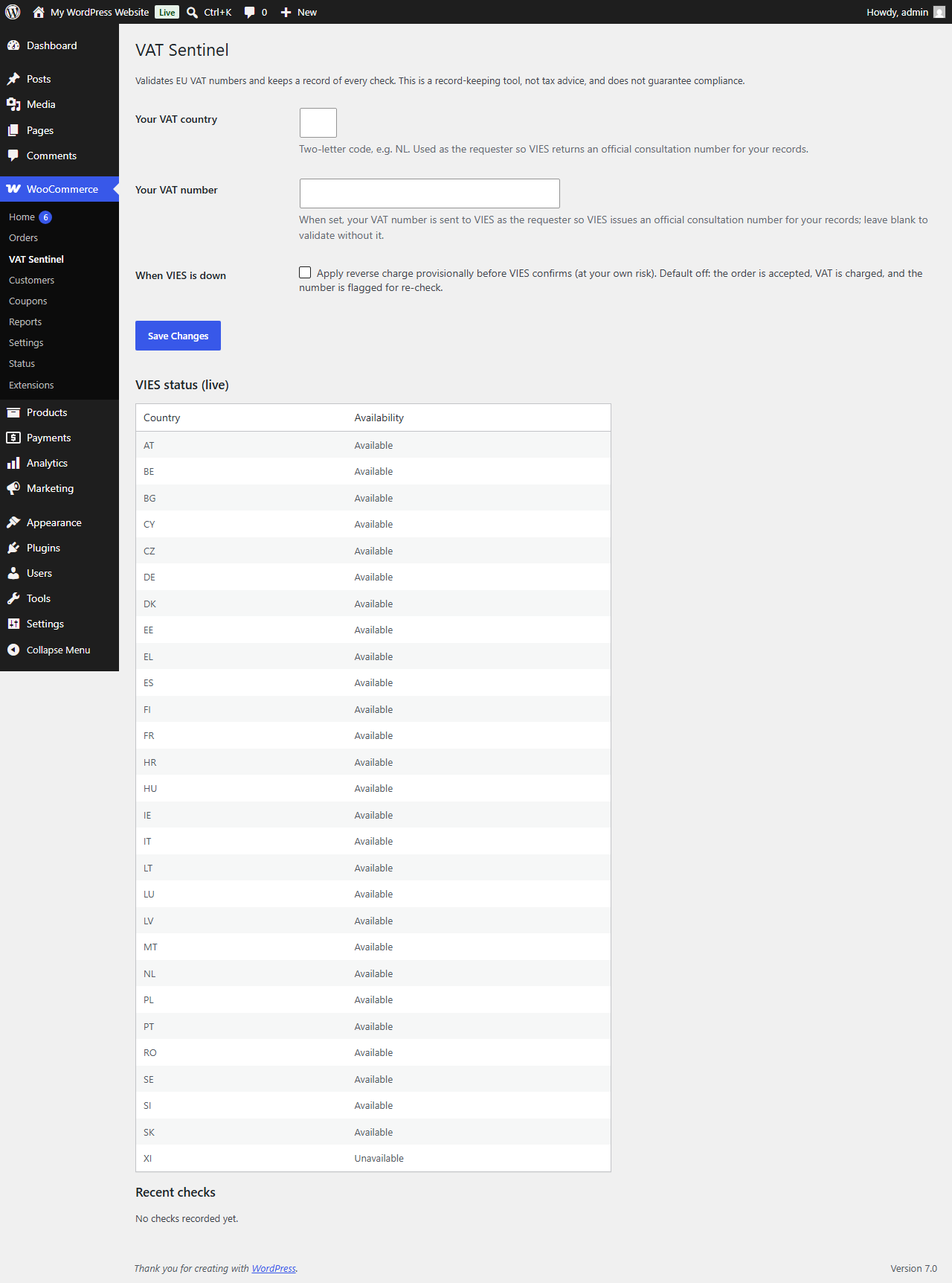 VAT Sentinel admin panel showing VIES status and validation records
