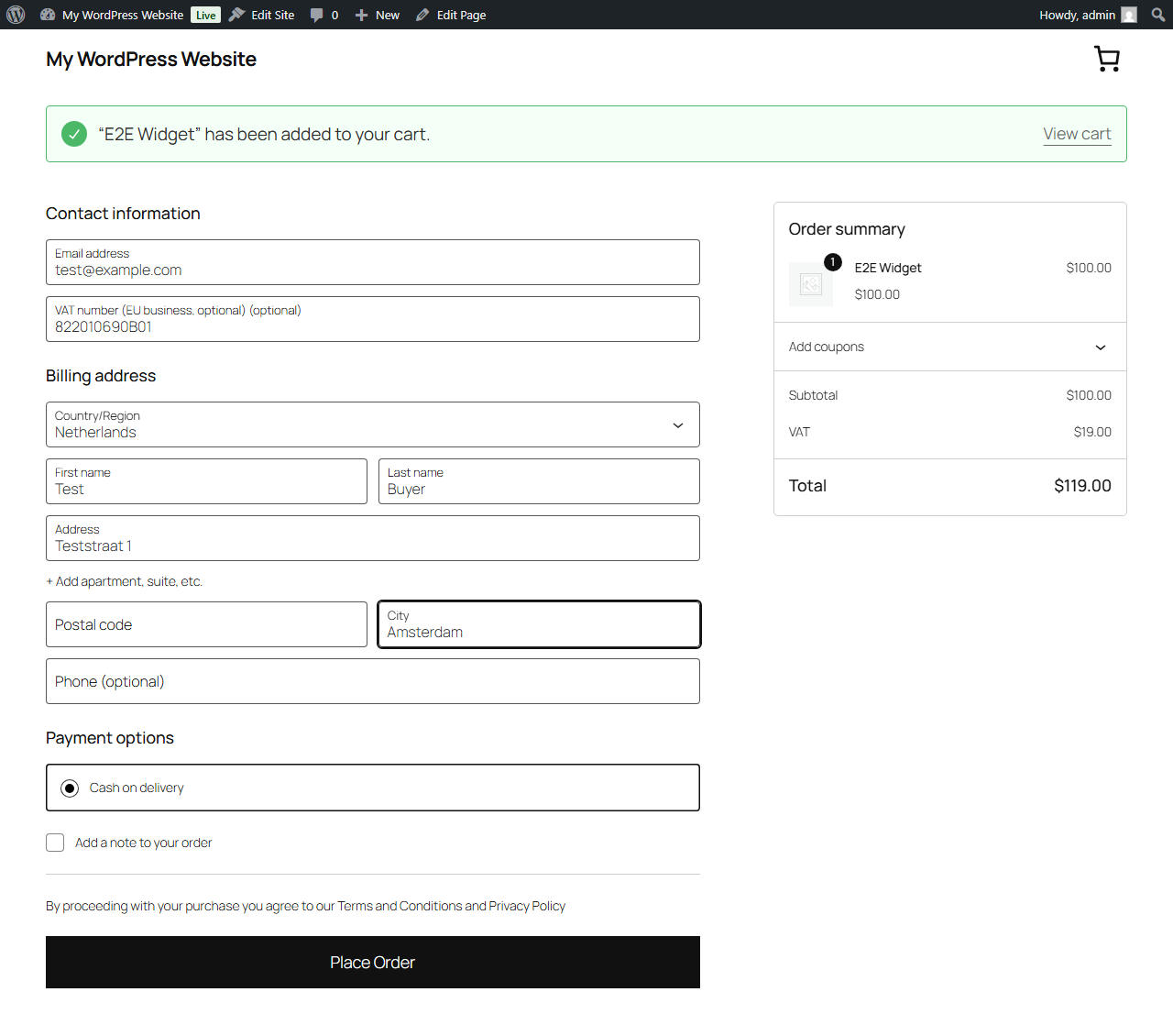 WooCommerce checkout with a VAT number entered and reverse charge applied
